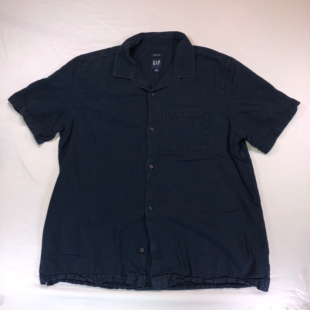 Gap Mens Navy Blue Linen Cotton Blend Short Sleeve Camp Collar Shirt Large